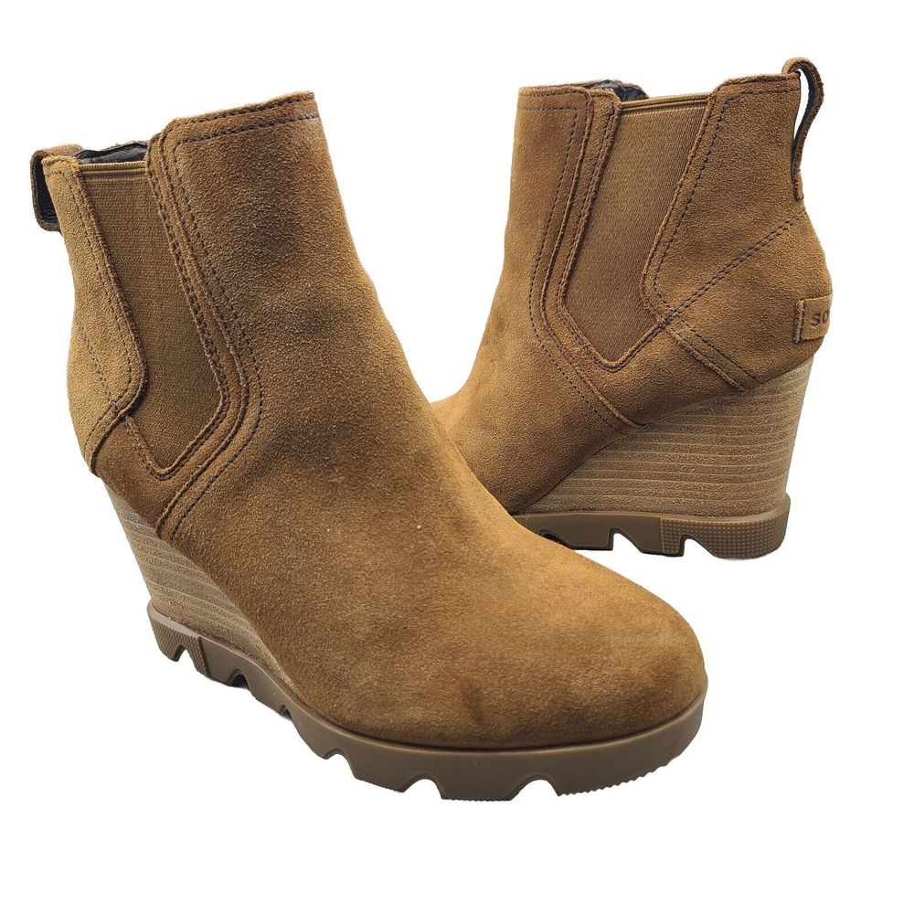 Sorel Boots Women Joan Uptown Chelsea Wedge Booties Tan Brown Suede Pull On Sz 8